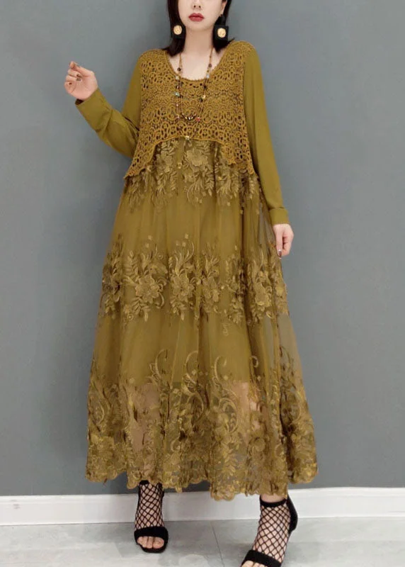 maxi dresses for summerKhaki Patchwork lace Long Dresses O-Neck Embroideried Long Sleeve