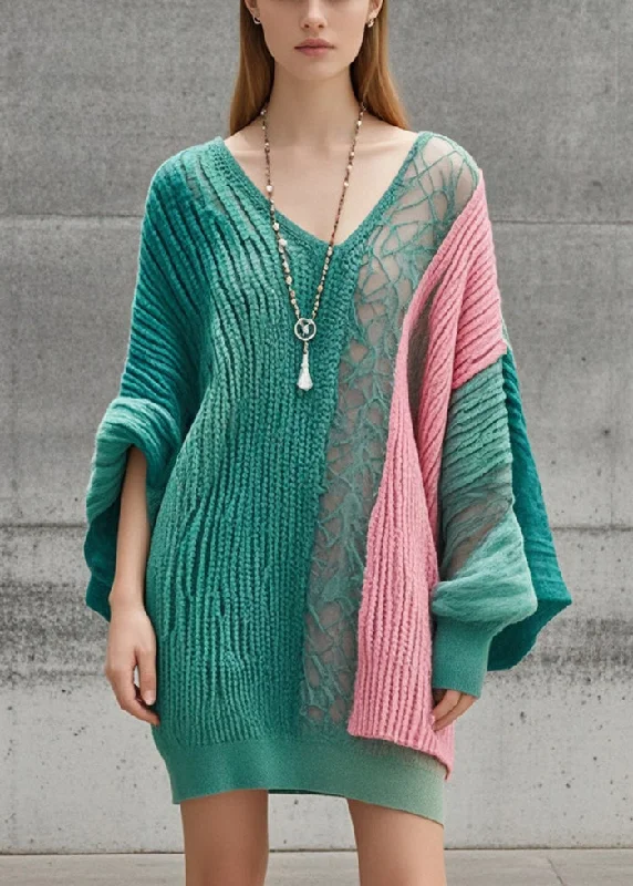 maxi dresses for maternity wearFrench Green Asymmetrical Patchwork Long Knit Dress Batwing Sleeve