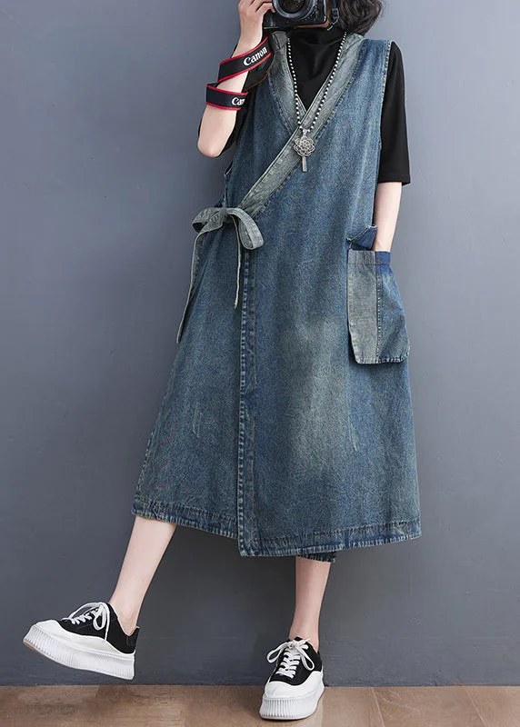 maxi dresses with short sleevesCasual Blue V Neck Asymmetrical Patchwork Tie Waist Denim Long Dresses Sleeveless