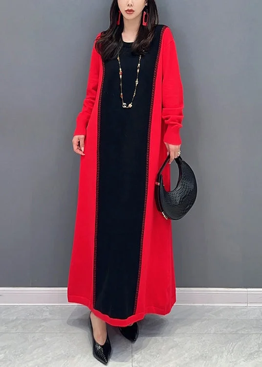 maxi dresses for curvesNew Red O Neck Patchwork False Two Pieces Cotton Knit Long Dresses Fall