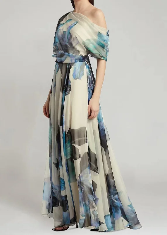 maxi dresses with lace overlaysFrench Sky Blue Asymmetrical Print Chiffon Long Dresses Summer