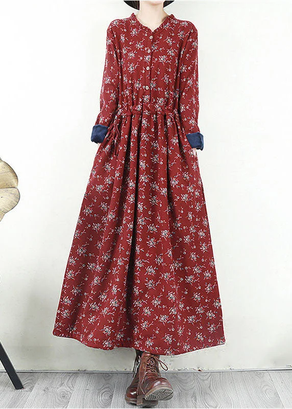 maxi dresses for travelWomen Red O-Neck Cinched Print Warm Fleece Long Dresses Long Sleeve