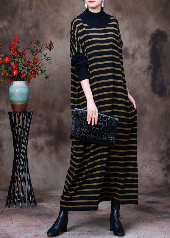 maxi dresses for pool partiesFrench Black Yellow Striped Turtle Neck Knit Long Dress Batwing Sleeve