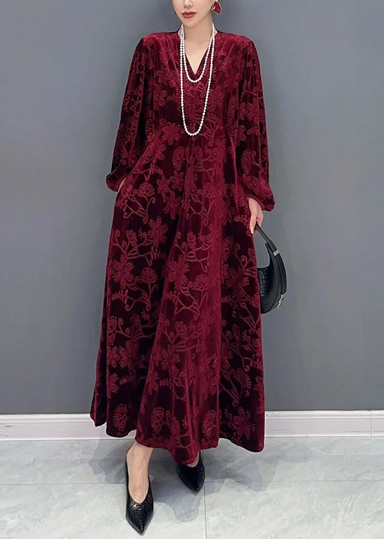 maxi dresses with embroidered patternsClassy Wine Red V Neck Pockets Silk Velour Long Dresses Fall