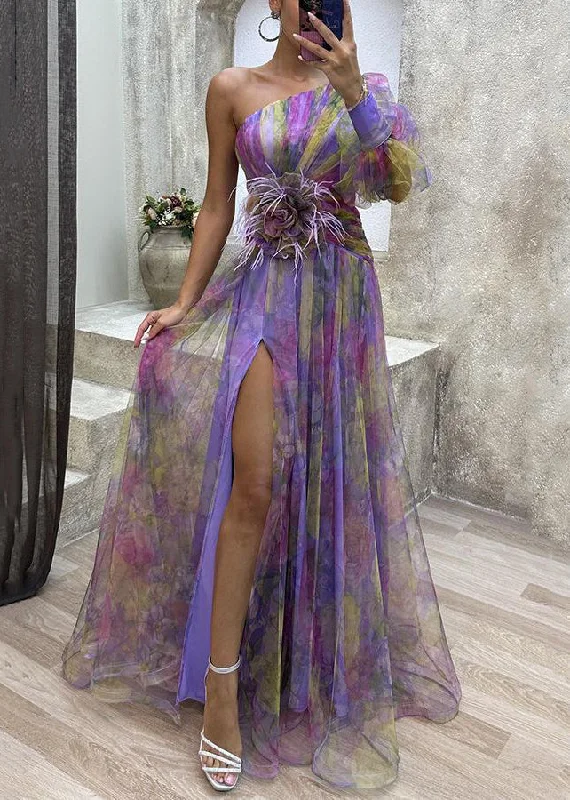 maxi dresses with sleevesPurple Side Open Tulle Long Dress One Shoulder Summer