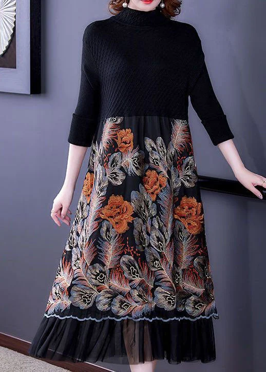 satin maxi dressesItalian Black High Neck Embroideried Patchwork Knit Long Dresses Long Sleeve