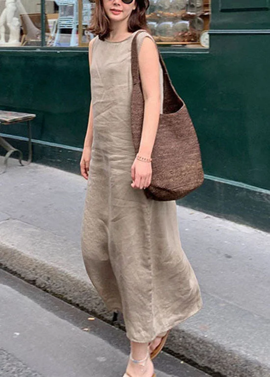 maxi dresses for springFrench Camel Asymmetrical Linen Long Dress Sleeveless