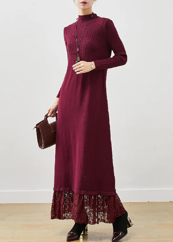 maxi dresses with pockets and sleevesStylish Mulberry Silm Fit Patchwork Lace Knitted Long Dress Spring