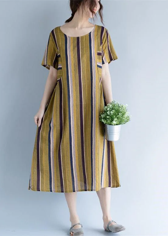 maxi dresses for outdoor weddingsWomen Yellow Long Cotton Linen Dress Trendy Plus Size O Neck Traveling Clothing Fine Striped Short Sleeve Cotton Linen Caftans