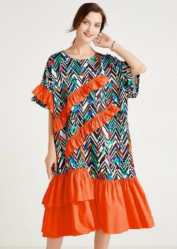 maxi dresses with sweetheart necksElegant Orange Print Loose Ruffles Summer Long Dresses