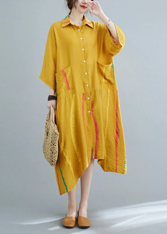 maxi dresses for casual FridaysYellow Peter Pan Collar Button Long Shirts Dress Half Sleeve