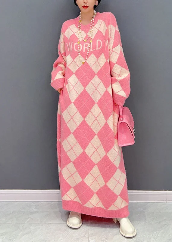 maxi dresses for day-to-night wearCasual Pink O Neck Oversized Plaid Knit Long Dress Winter