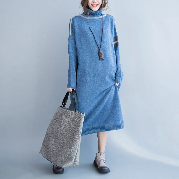 maxi dresses with keyhole backsNew light blue long sweaters plus size clothing patchwork winter dress high neck pullover sweater