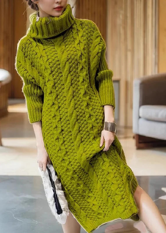 maxi dresses for weddingsHandmade Green Turtleneck Cozy Thick Cotton Knit Long Sweater Dress Winter