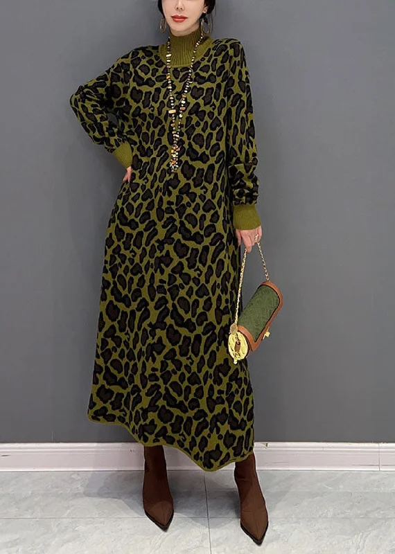 maxi dresses with buttonsFitted Green High Neck Oversized Leopard Print Long Knit Dress Winter