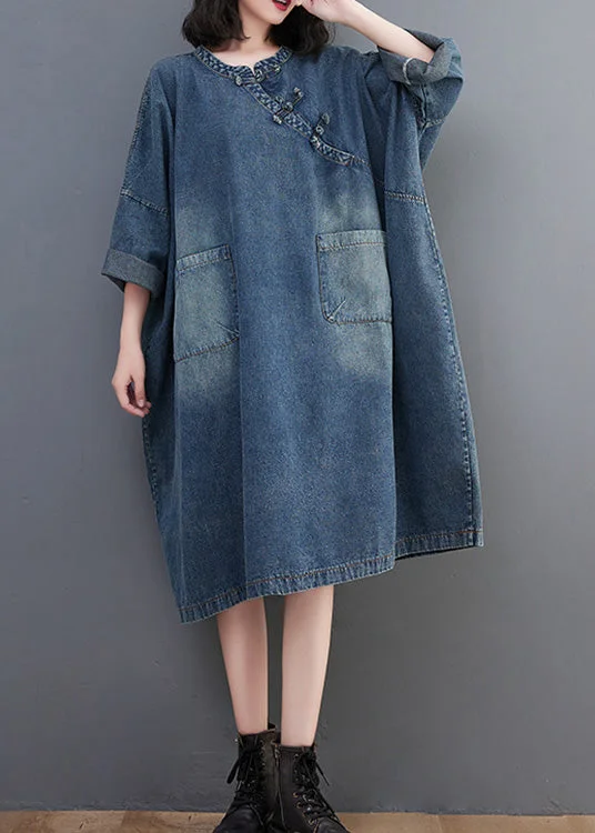 maxi dresses with thigh-high slitsVintage Denim Blue O-Neck Patchwork Button Long Dress Long Sleeve