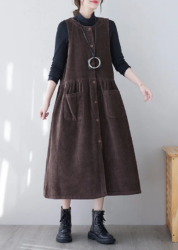 elegant maxi dressesBrown Patchwork Corduroy Long Dress O-Neck Pockets Sleeveless