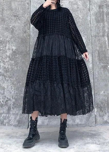 maxi dresses for casual strollsFrench o neck patchwork lace clothes Women Photography black long Dresses