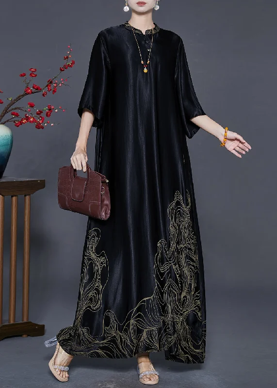 maxi dresses with front pocketsBoutique Black Mandarin Collar Print Silk Long Dresses Half Sleeve