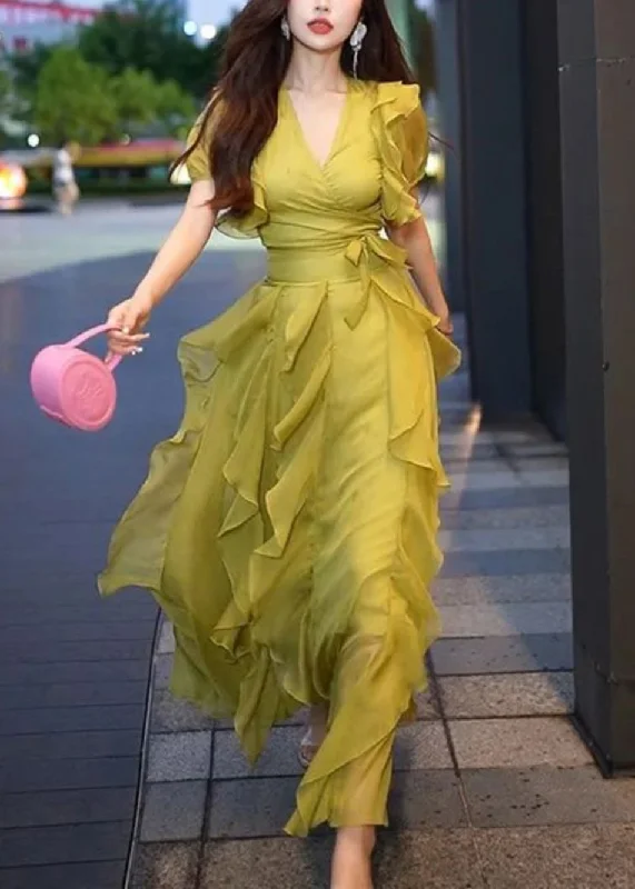 maxi dresses with pleatsNew Green V Neck Ruffled Chiffon Long Dresses Summer