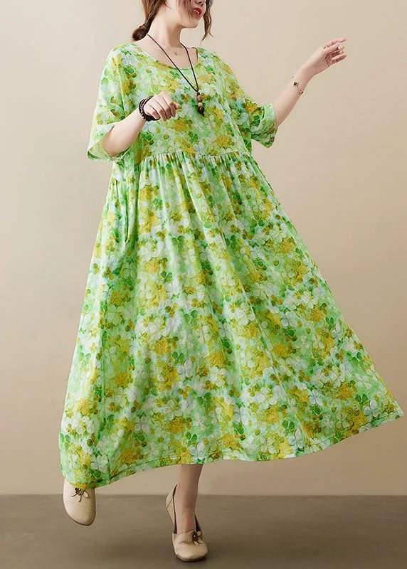 maxi dresses for all seasons and occasionsPlus Size Green O-Neck Wrinkled Patchwork Cotton Long Dress Short Sleeve