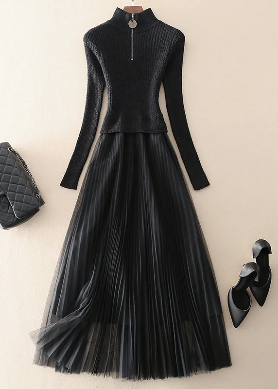 silk maxi dressesVintage Black Zip Up Tulle Patchwork Knit Long Dresses Spring