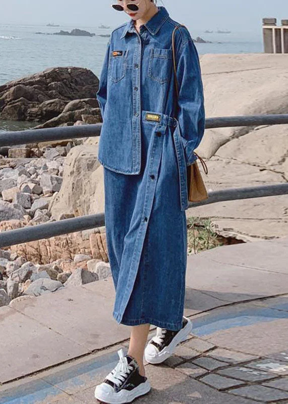 maxi dresses with cold-shoulder cutsLoose Blue Pockets Button asymmetrical design Fall Denim Long sleeve Long Dress