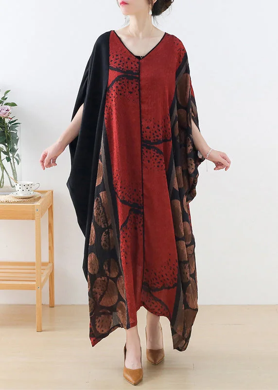 maxi dresses for boat ridesPlus Size Red V Neck Patchwork Silk Long Dress Batwing Sleeve