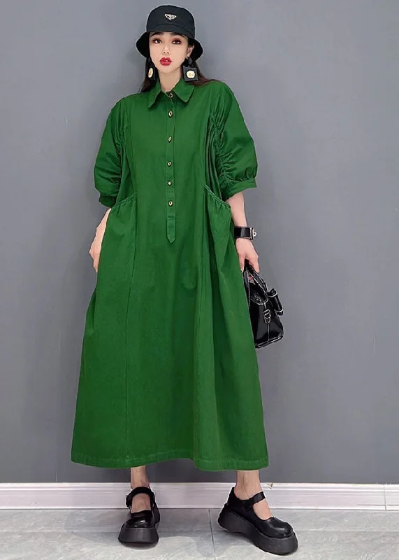 velvet maxi dressesVintage Green Solid Peter Pan Collar Cinched Pockets Cotton Long Dresses Half Sleeve