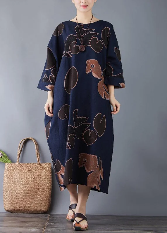 maxi dresses for cool weatherVivid o neck pockets cotton navy print long Dresses summer