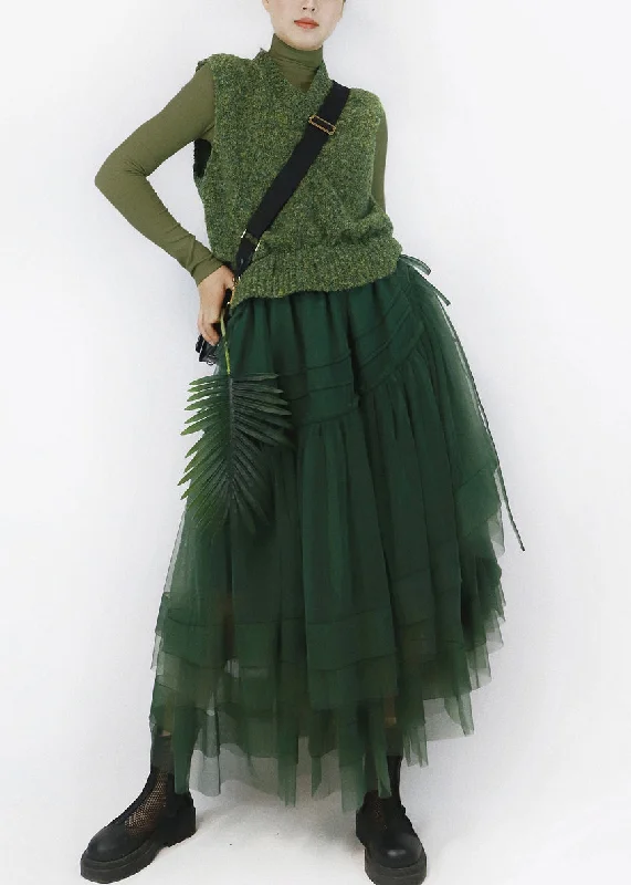 maxi dresses for cocktail partiesItalian Green V Neck Asymmetrical Tulle Patchwork Knit Long Dress Fall