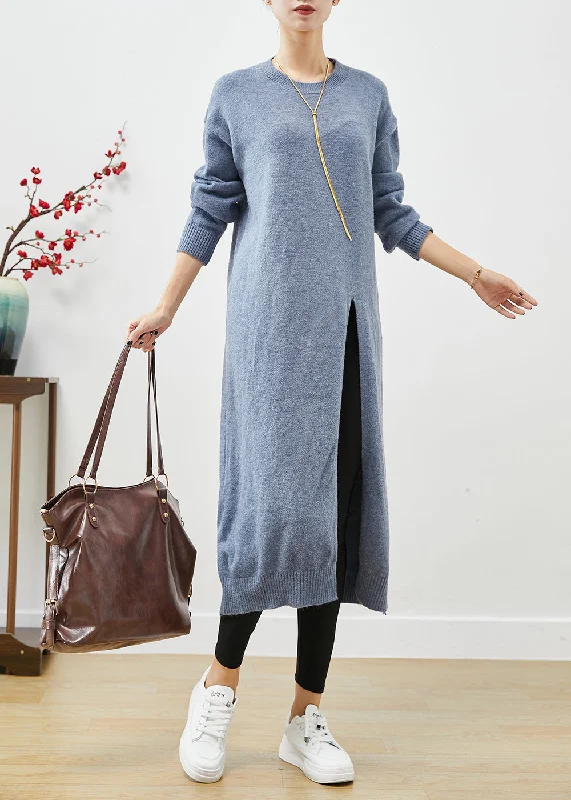 maxi dresses for springStyle Blue Grey O-Neck Side Open Knit Long Dress Fall