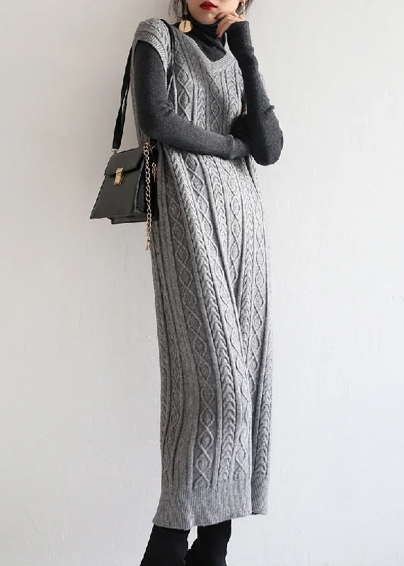 maxi dresses for winter (with tights)Loose Grey V Neck Patchwork Knit Long Dressess Sleeveless