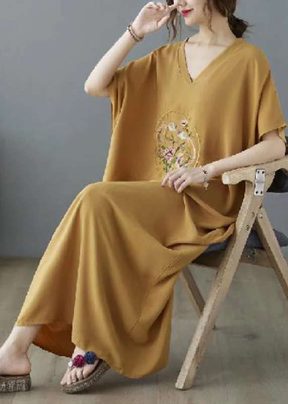 floral maxi dressesBohemian Yellow V Neck Embroideried Cotton Long Dresses Summer