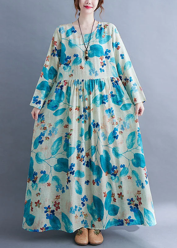 maxi dresses with high necklinesUnique Blue Baggy O-Neck Wrinkled Print Long Dress Long Sleeve