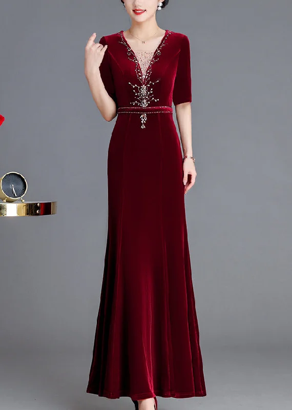 maxi dresses with back pocketsItalian Wine Red V Neck Zircon Silk Velour Long Dresses Fall