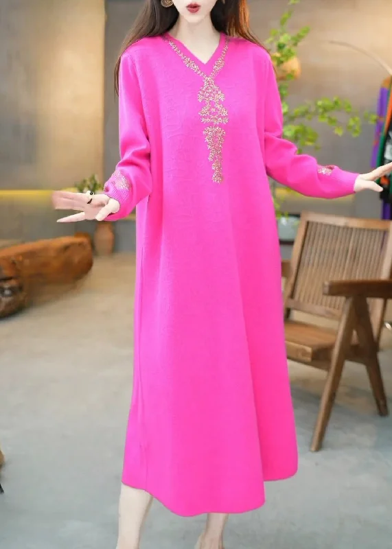 casual maxi dressesBeautiful Rose V Neck Zircon Knit Long Dress Winter