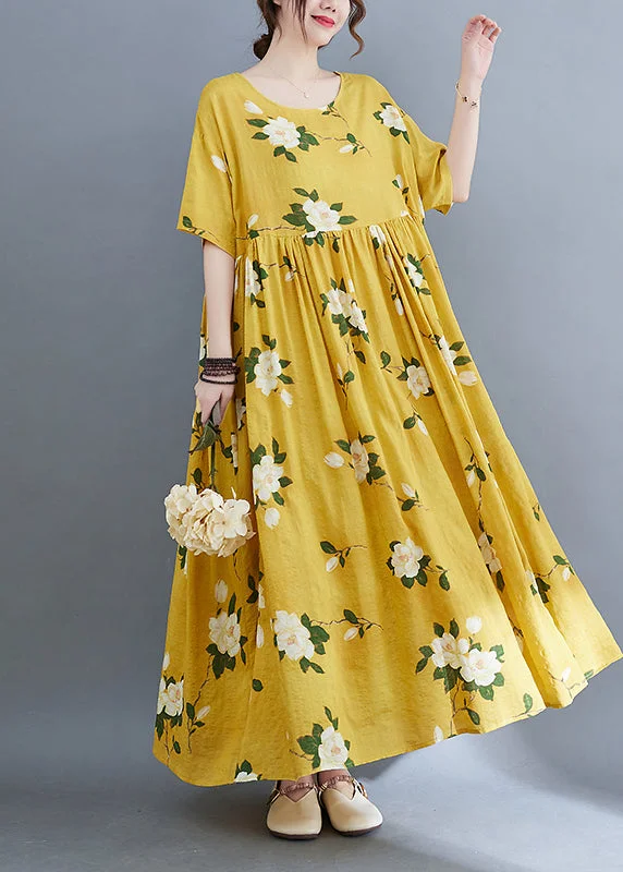 lace maxi dressesEthnic Style Yellow O-Neck Cinched Print Long Dresses Short Sleeve