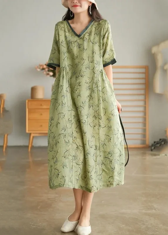 maxi dresses for teensElegant Green Wrinkled V Neck Patchwork Cotton Long Dress Short Sleeve