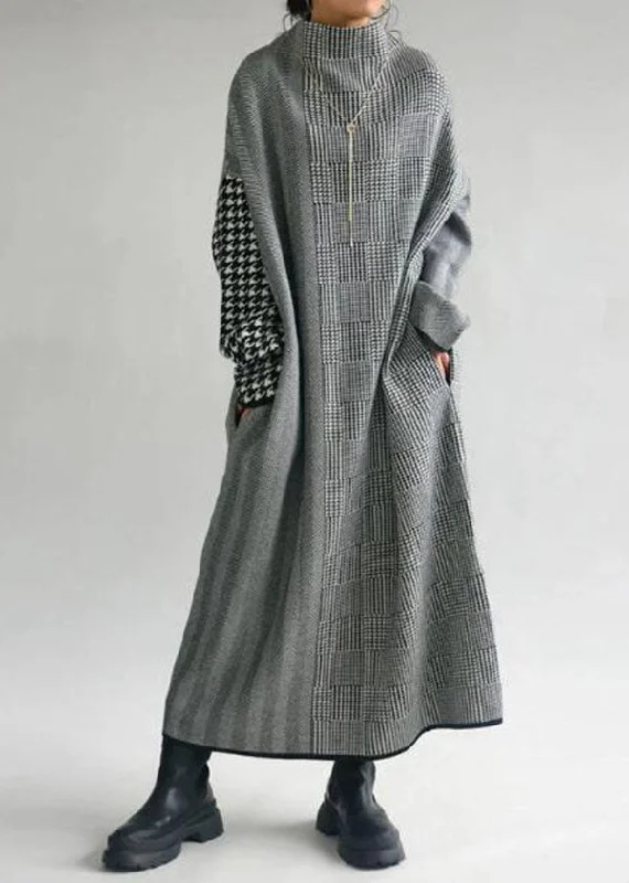 casual maxi dressesItalian Grey Plaid Hign Neck Patchwork Long Knit Dress Fall