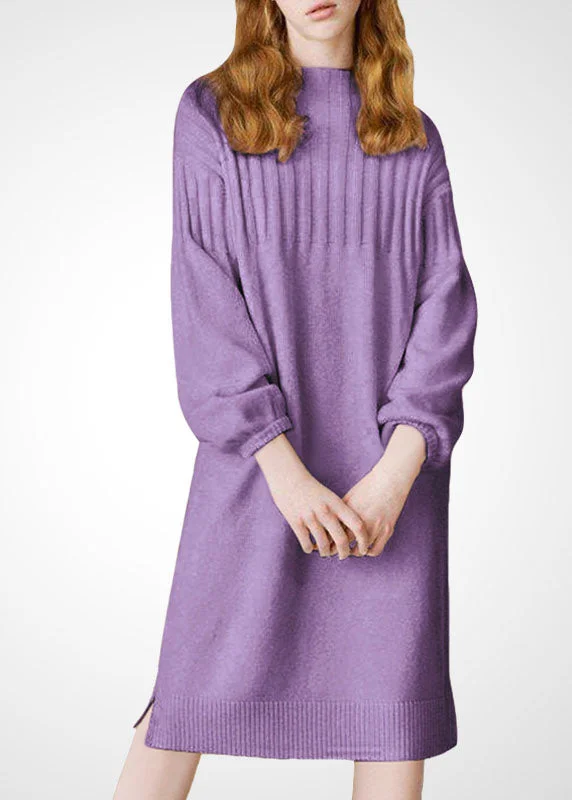 maxi dresses for plus sizePlus Size Purple Stand Collar Thick Wool Long Knit Dress Winter