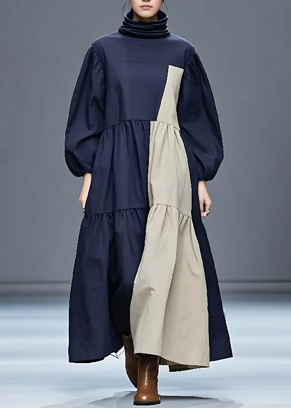 satin maxi dressesLoose Navy Turtleneck Patchwork Long Dress Fall