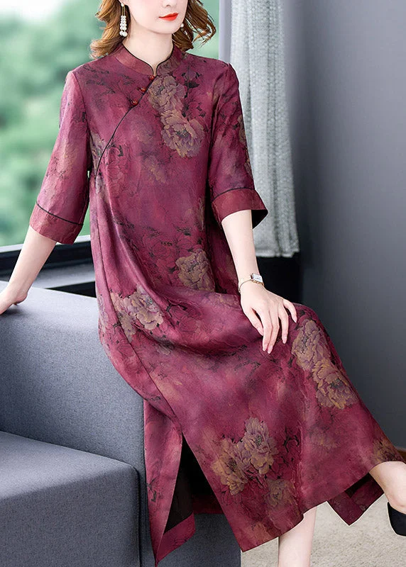 maxi dresses with embroidered patternsFashion Purple Stand Collar Print Button Side Open Silk Long Dresses Summer