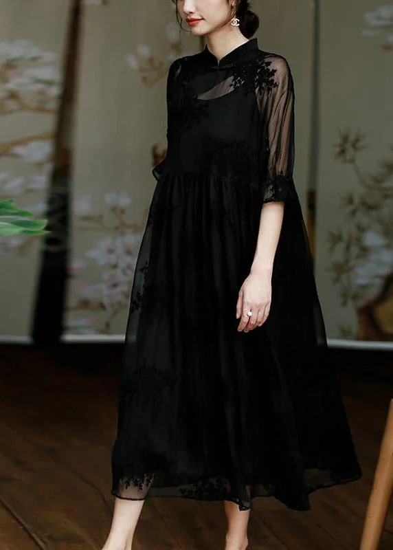 maxi dresses for everyday wearNatural Black Stand Collar Embroideried Floral Button Tulle Long Dress Half Sleeve