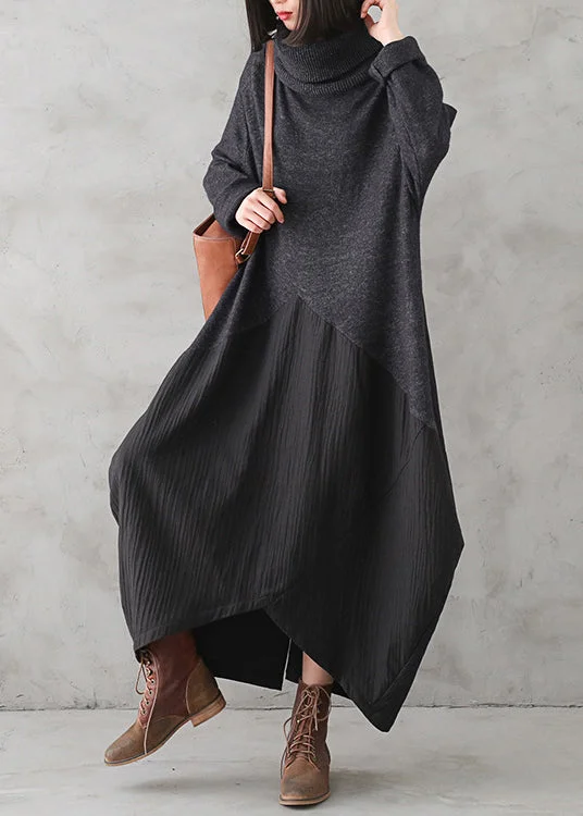 maxi dresses with zippersCasual Dark Gray Turtleneck Button Linen Patchwork Knit Long Dress Fall