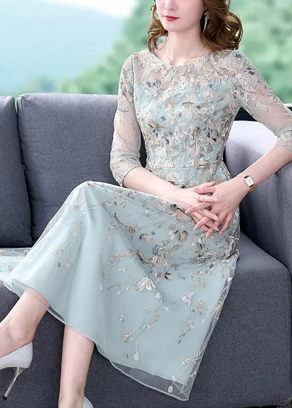 maxi dresses for outdoor weddingsChic Water Blue O-Neck Embroidered Floral Tunic Organza Long Dress Half Sleeve