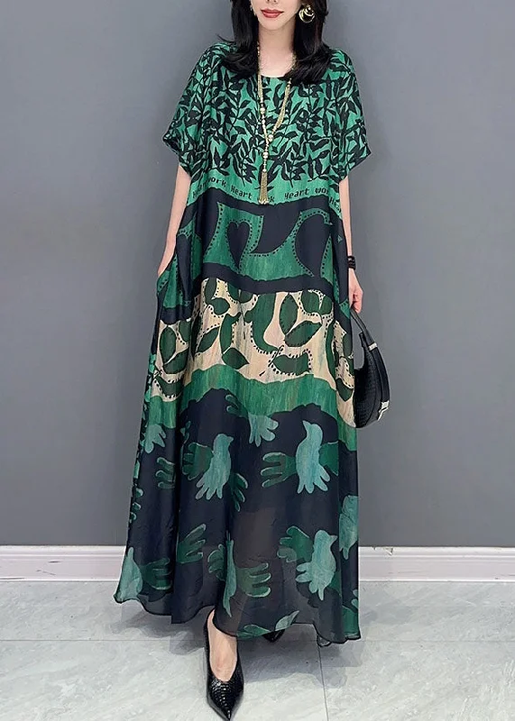 maxi dresses for winter (with tights)Bohemian Green O Neck Pockets Print Patchwork Silk Long Dresses Summer