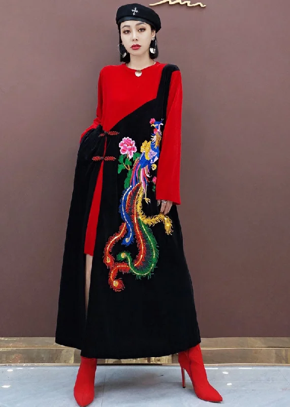 maxi dresses with embroidered patternsvintage Red Oriental Embroideried Patchwork Velour long Dresses Spring