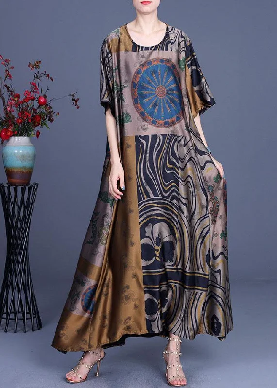 maxi dresses for college studentsFrench Yellow Print Silk O-Neck Summer Long Dress