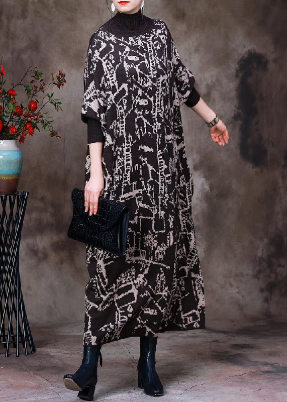 maxi dresses for beachBeautiful Black Turtleneck Print Knit Patchwork Long Dress Long Sleeve